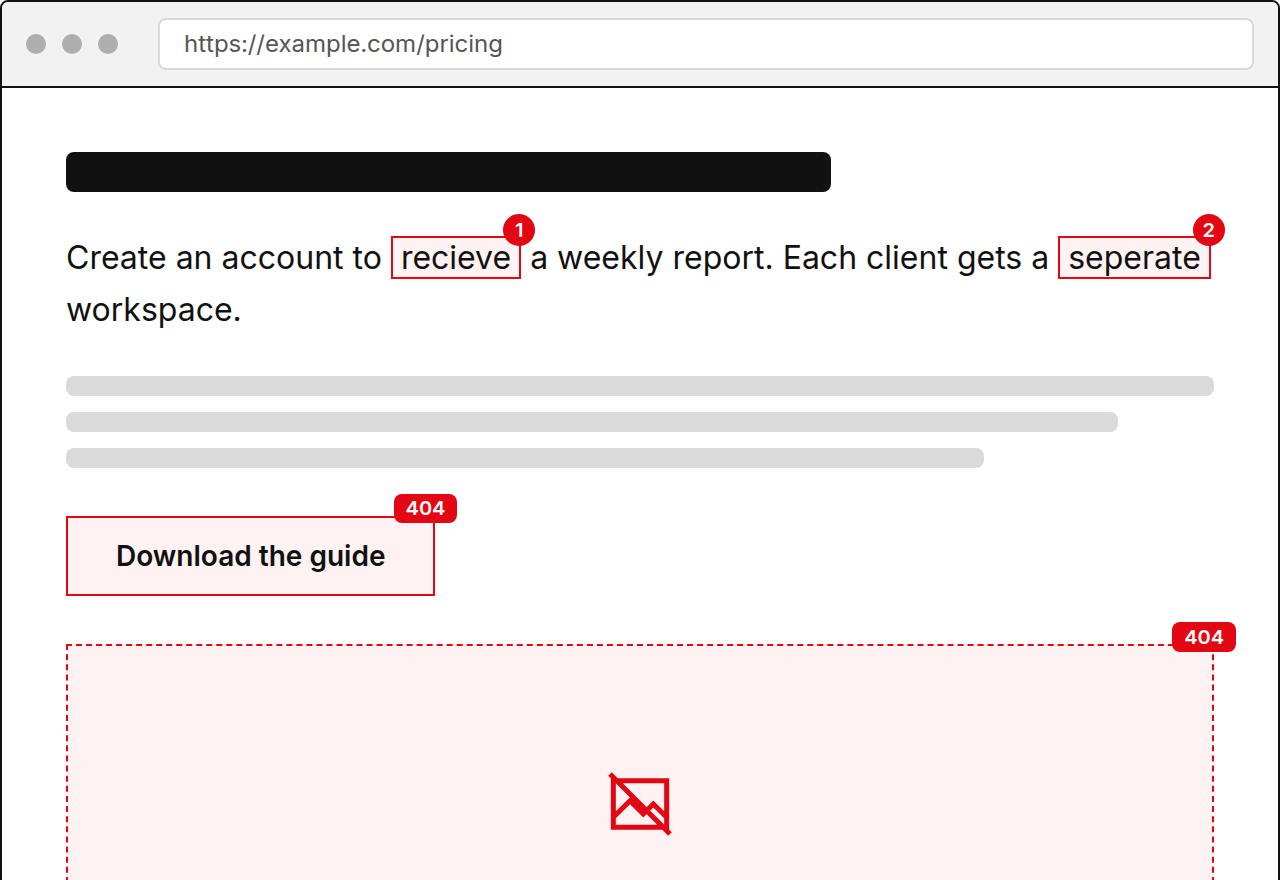 A web page in a browser with two misspelled words, a dead link and a missing image marked in red